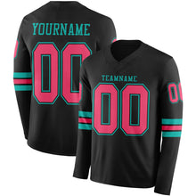 Load image into Gallery viewer, Custom Black Neon Pink-Aqua Long Sleeve Authentic Football Jersey