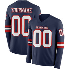 Load image into Gallery viewer, Custom Navy White-Red Long Sleeve Authentic Football Jersey