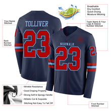 Load image into Gallery viewer, Custom Navy Red-Light Blue Long Sleeve Authentic Football Jersey