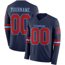 Load image into Gallery viewer, Custom Navy Red-Light Blue Long Sleeve Authentic Football Jersey