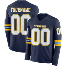 Load image into Gallery viewer, Custom Navy White Light Blue-Yellow Long Sleeve Authentic Football Jersey