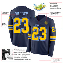 Load image into Gallery viewer, Custom Navy Yellow-Light Blue Long Sleeve Authentic Football Jersey
