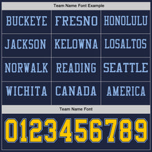 Load image into Gallery viewer, Custom Navy Yellow-Light Blue Long Sleeve Authentic Football Jersey
