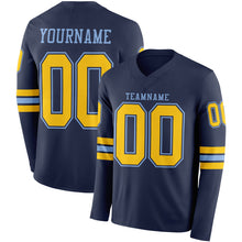 Load image into Gallery viewer, Custom Navy Yellow-Light Blue Long Sleeve Authentic Football Jersey