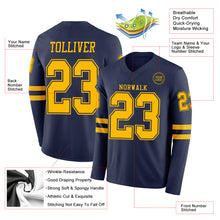 Load image into Gallery viewer, Custom Navy Gold Long Sleeve Authentic Football Jersey