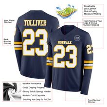 Load image into Gallery viewer, Custom Navy White-Gold Long Sleeve Authentic Football Jersey