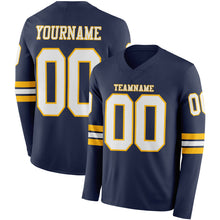 Load image into Gallery viewer, Custom Navy White-Gold Long Sleeve Authentic Football Jersey