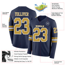 Load image into Gallery viewer, Custom Navy Old Gold-White Long Sleeve Authentic Football Jersey