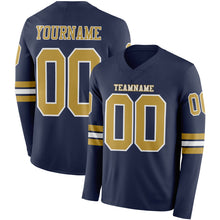 Load image into Gallery viewer, Custom Navy Old Gold-White Long Sleeve Authentic Football Jersey