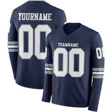 Load image into Gallery viewer, Custom Navy White-Gray Long Sleeve Authentic Football Jersey