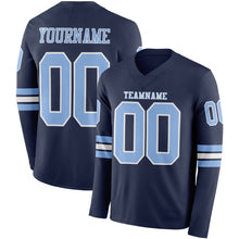 Load image into Gallery viewer, Custom Navy Light Blue-White Long Sleeve Authentic Football Jersey