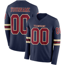 Load image into Gallery viewer, Custom Navy Crimson-Cream Long Sleeve Authentic Football Jersey