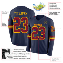 Load image into Gallery viewer, Custom Navy Crimson-Gold Long Sleeve Authentic Football Jersey