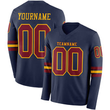 Load image into Gallery viewer, Custom Navy Crimson-Gold Long Sleeve Authentic Football Jersey