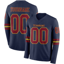 Load image into Gallery viewer, Custom Navy Crimson-Old Gold Long Sleeve Authentic Football Jersey