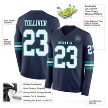 Load image into Gallery viewer, Custom Navy White-Teal Long Sleeve Authentic Football Jersey