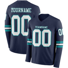 Load image into Gallery viewer, Custom Navy White-Teal Long Sleeve Authentic Football Jersey