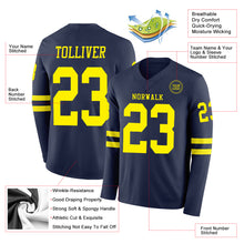 Load image into Gallery viewer, Custom Navy Light Yellow Long Sleeve Authentic Football Jersey