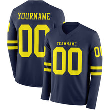 Load image into Gallery viewer, Custom Navy Light Yellow Long Sleeve Authentic Football Jersey