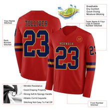 Load image into Gallery viewer, Custom Red Navy-Old Gold Long Sleeve Authentic Football Jersey