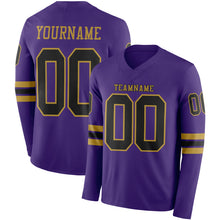 Load image into Gallery viewer, Custom Purple Black-Old Gold Long Sleeve Authentic Football Jersey