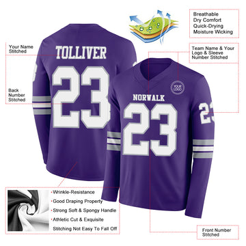 Custom Purple White-Gray Long Sleeve Authentic Football Jersey