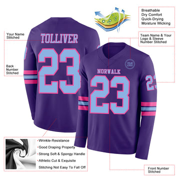 Custom Purple Light Blue-Pink Long Sleeve Authentic Football Jersey