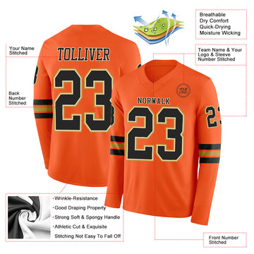 Custom Orange Black Cream-Old Gold Long Sleeve Authentic Football Jersey