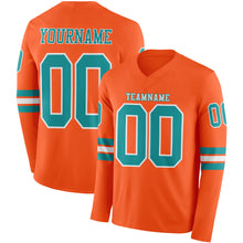 Load image into Gallery viewer, Custom Orange Teal-White Long Sleeve Authentic Football Jersey