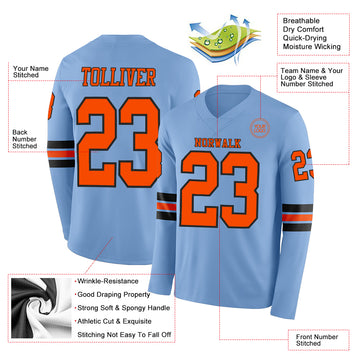 Custom Light Blue Orange-Black Long Sleeve Authentic Football Jersey