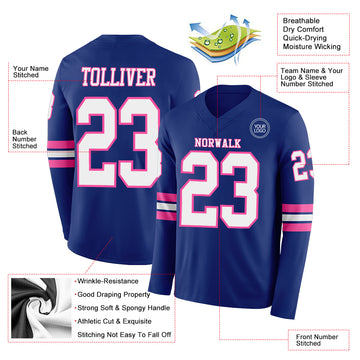 Custom Royal White-Pink Long Sleeve Authentic Football Jersey