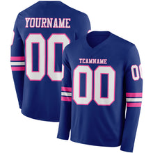 Laden Sie das Bild in den Galerie-Viewer, Custom Royal White-Pink Long Sleeve Authentic Football Jersey