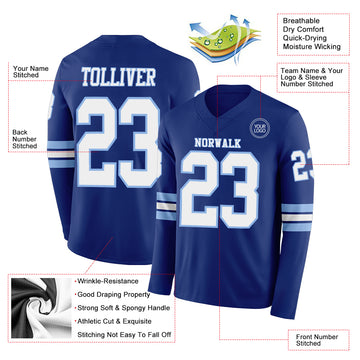 Custom Royal White-Light Blue Long Sleeve Authentic Football Jersey
