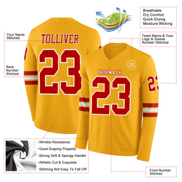 Custom Gold Red-White Long Sleeve Authentic Football Jersey