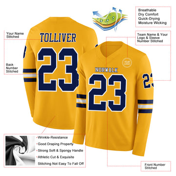 Custom Gold Navy-White Long Sleeve Authentic Football Jersey