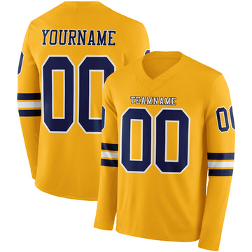 Custom Gold Navy-White Long Sleeve Authentic Football Jersey