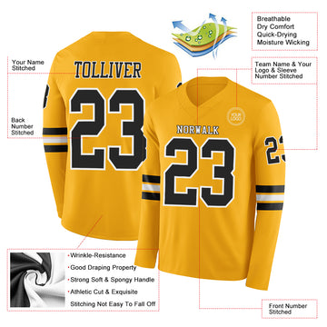Custom Gold Black-White Long Sleeve Authentic Football Jersey