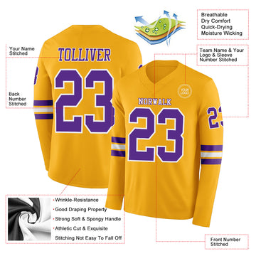 Custom Gold Purple-White Long Sleeve Authentic Football Jersey