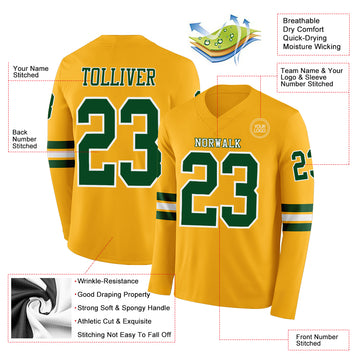 Custom Gold Green-White Long Sleeve Authentic Football Jersey
