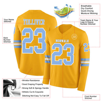 Custom Gold Light Blue-White Long Sleeve Authentic Football Jersey