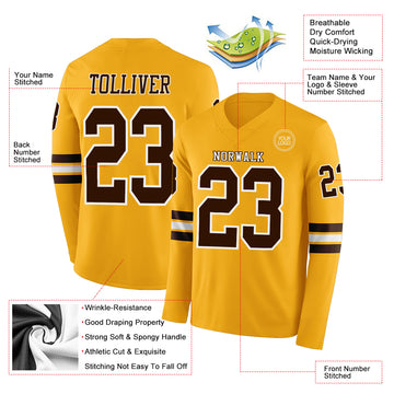 Custom Gold Brown-White Long Sleeve Authentic Football Jersey