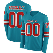 Load image into Gallery viewer, Custom Teal Red-White Long Sleeve Authentic Football Jersey