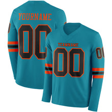 Load image into Gallery viewer, Custom Teal Black-Orange Long Sleeve Authentic Football Jersey