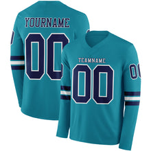 Load image into Gallery viewer, Custom Teal Navy-White Long Sleeve Authentic Football Jersey