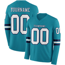 Load image into Gallery viewer, Custom Teal White-Navy Long Sleeve Authentic Football Jersey
