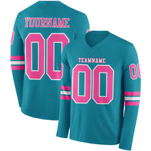 Load image into Gallery viewer, Custom Teal Pink-White Long Sleeve Authentic Football Jersey