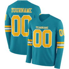 Load image into Gallery viewer, Custom Teal Gold-White Long Sleeve Authentic Football Jersey