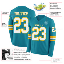 Load image into Gallery viewer, Custom Teal White-Gold Long Sleeve Authentic Football Jersey