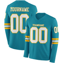 Load image into Gallery viewer, Custom Teal White-Gold Long Sleeve Authentic Football Jersey