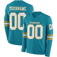 Load image into Gallery viewer, Custom Teal White-Old Gold Long Sleeve Authentic Football Jersey